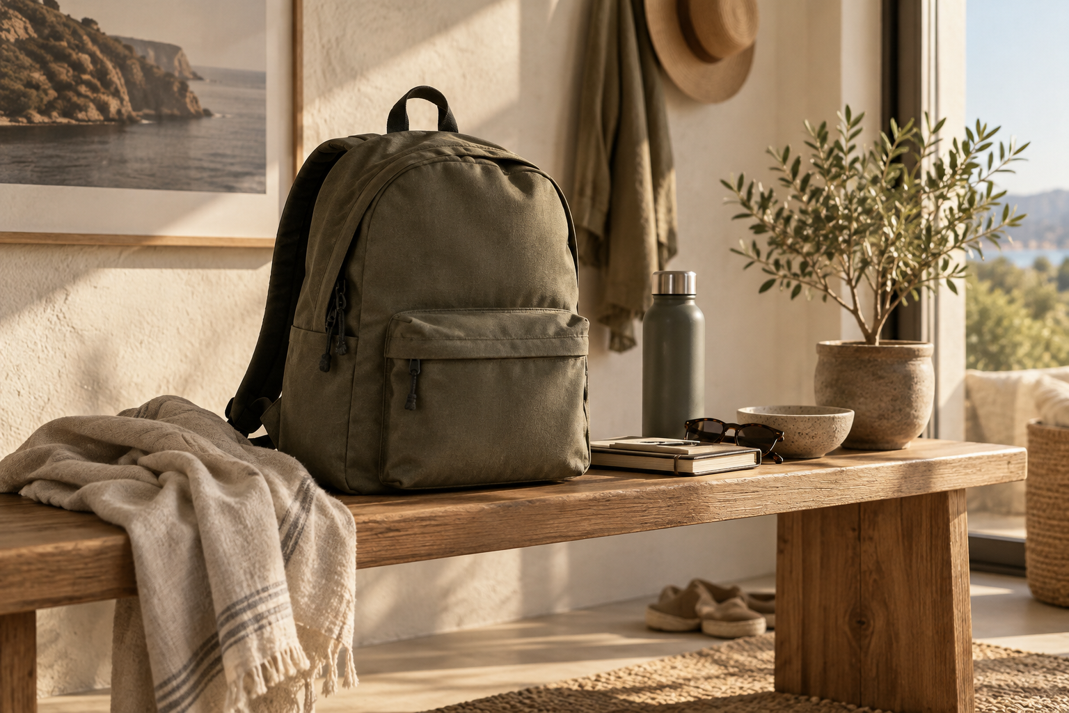 Mochila genérica sin marca sobre un banco de madera con accesorios neutros