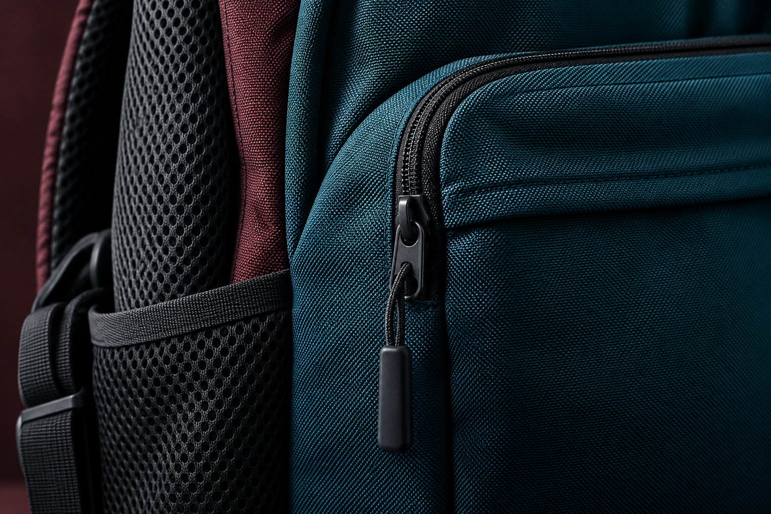 Detalle genérico de tejido, malla y cremallera de una mochila sin marca