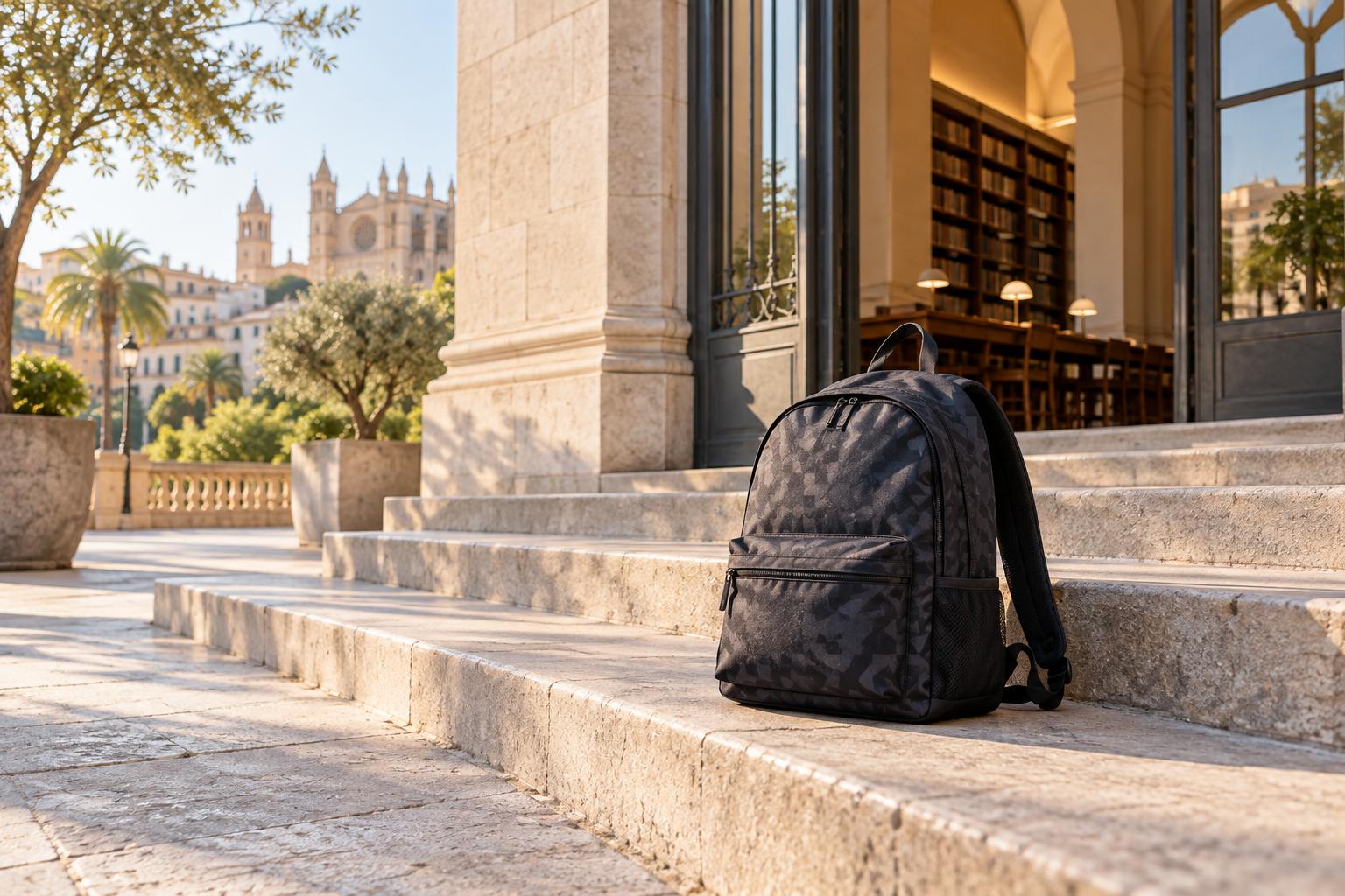 Mochila sin marca sobre escalones de una biblioteca urbana